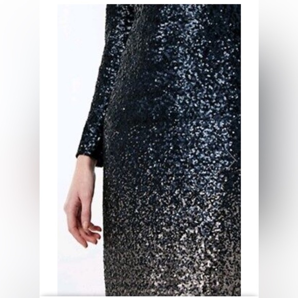 Monsoon Sequins Ombré Navy Blue V-Neck Long Sleeve Midi Cocktail Dress, Size M - Picture 3 of 17